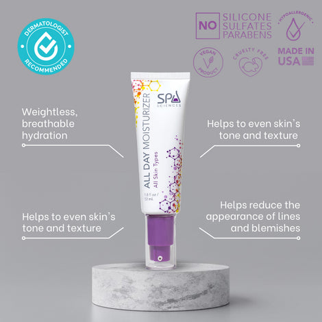 A tube of Spa Sciences' All Day Moisturizer with a purple label that provides all-day moisture.