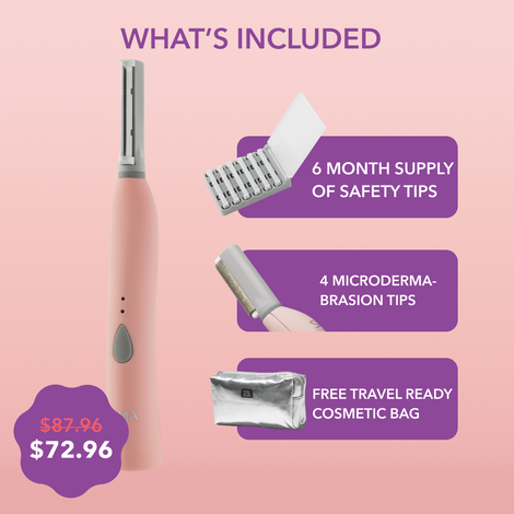 What's included in a pink electric SIMA Deluxe Dermplaning shaver by Spa Sciences.