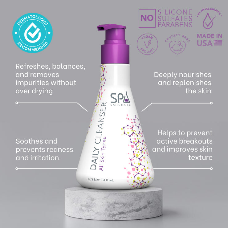 A bottle of Spa Sciences Daily Cleanser that removes impurities.