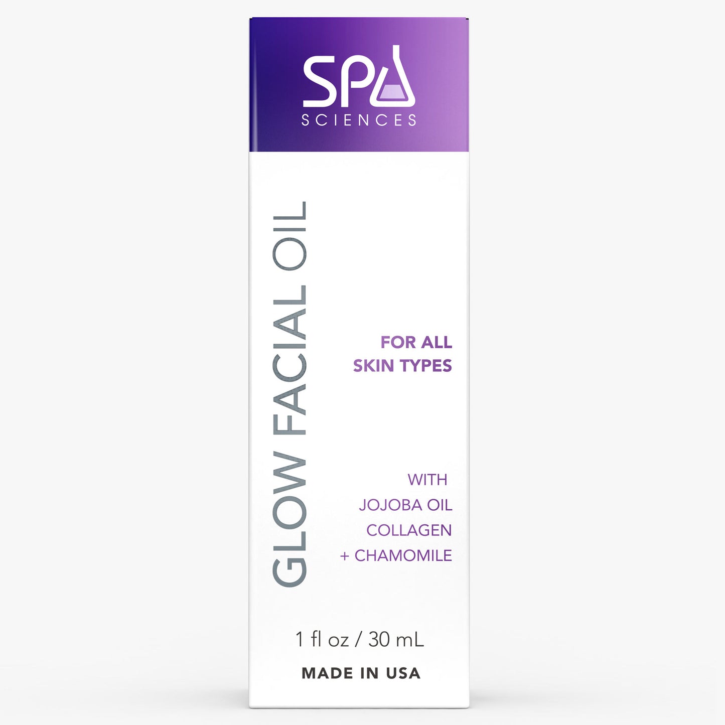 A bottle of Spa Sciences Glow Facial Oil with antioxidants on a white background.