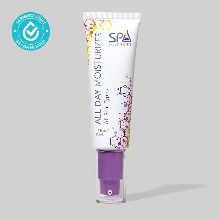 A tube of Spa Sciences' All Day Moisturizer in a purple tube against a grey background.