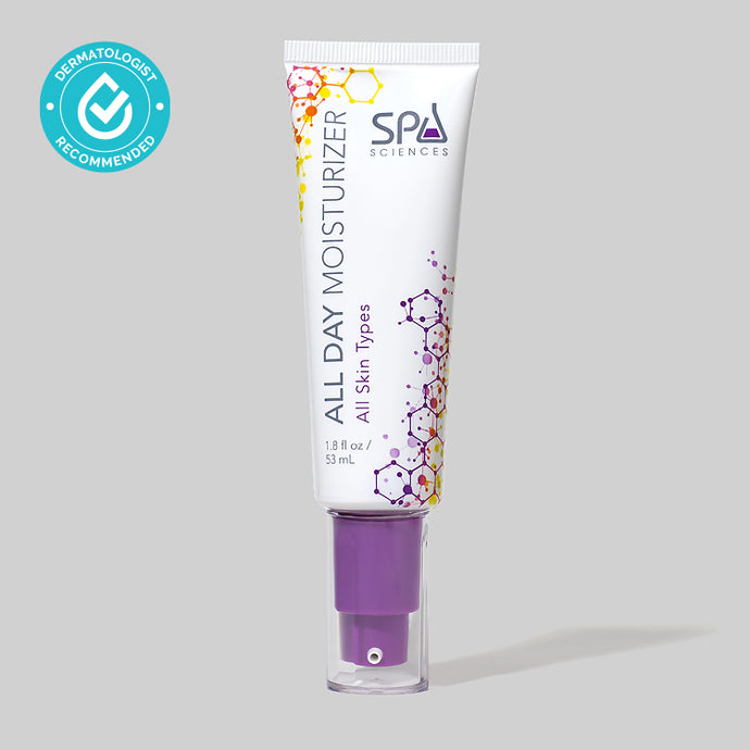 A tube of Spa Sciences' All Day Moisturizer in a purple tube against a grey background.