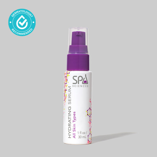 A purple bottle on a grey background, containing Spa Sciences's hydrating serum for collagen production.