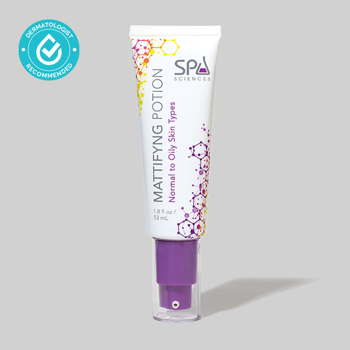 A tube of Spa Sciences Mattifying Potion in a purple tube to brighten complexion.