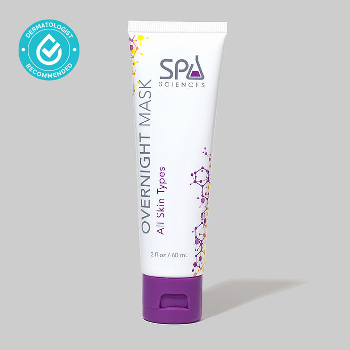 A tube of Spa Sciences' Overnight Mask for hydration on a grey background.