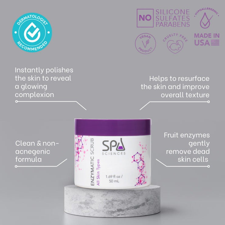 A jar of Spa Sciences Enzymatic Scrub with the ingredients listed on it, helping to achieve a radiant complexion.