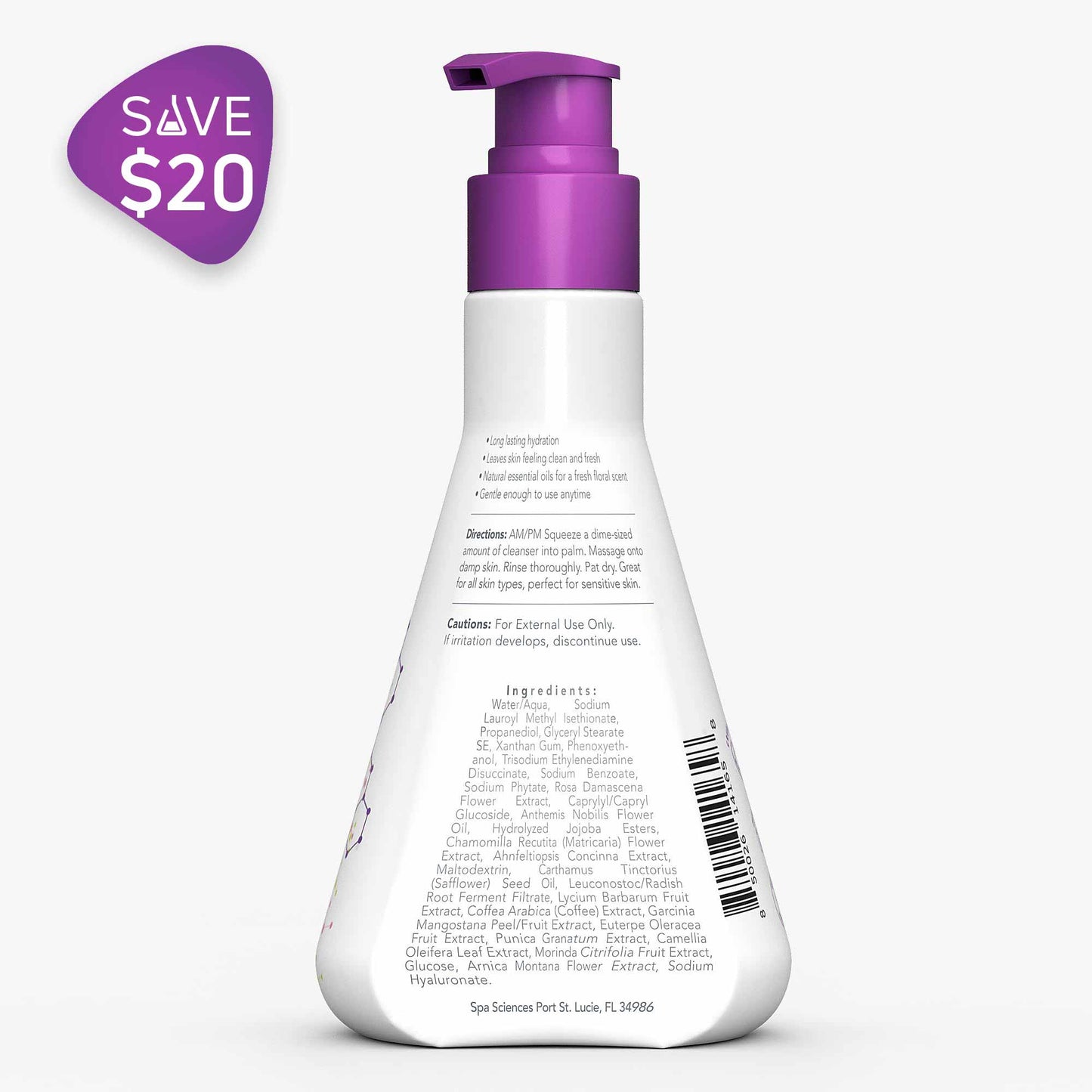 A bottle of Spa Sciences Starter Pack for All lotion with a purple label on it.