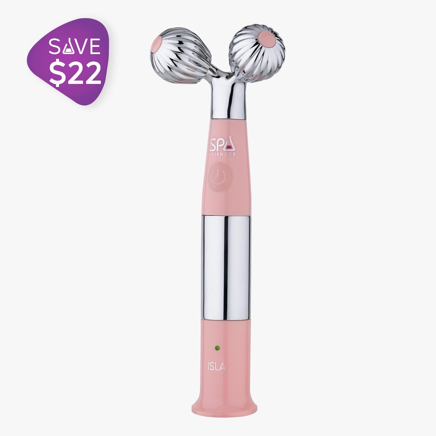 A pink and silver Spa Sciences Contour & Glow electric facial massager with a tag price of $22.