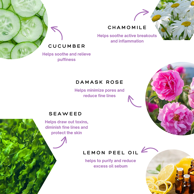 A diagram displaying various essential oils used for skincare or Spa Sciences Micellar Water products.