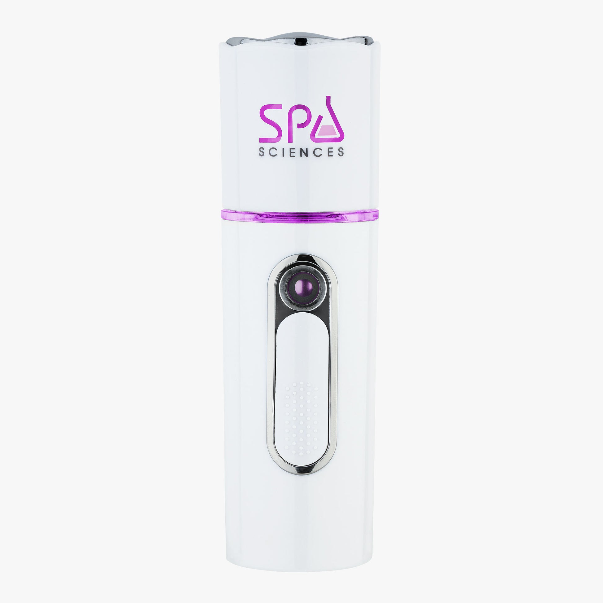 A white and purple NANO MISTER with the word spd on it by Spa Sciences.