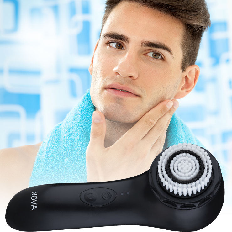 A man using a NOVA SE 4MEN facial brush with antimicrobial bristles for his daily skincare routine by Spa Sciences.