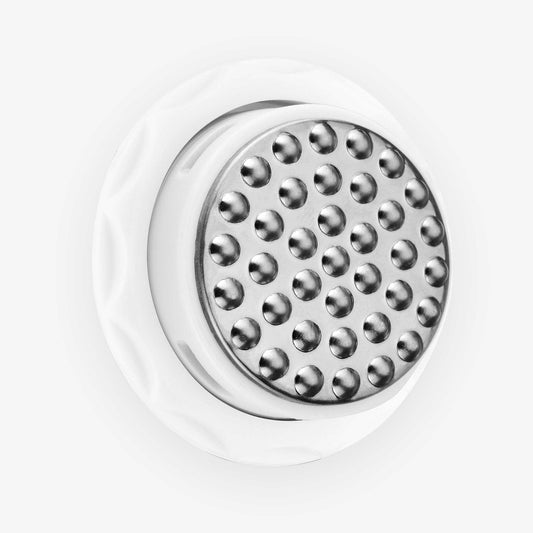 A white NOVA Serum Infusion Head shower head with metal balls for a modern look and feel by Spa Sciences.