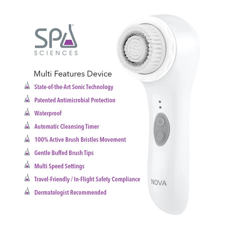 Experience the ultimate spa treatment with Spa Sciences' NOVA BUNDLE - BONUS Sensitive Cleansing Head, an advanced device that features a sonic cleansing brush and antimicrobial protection.
