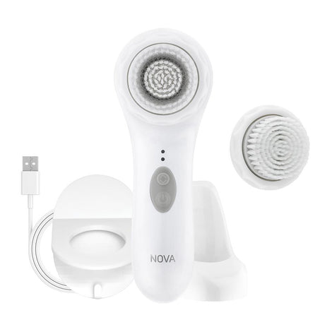 The Spa Sciences NOVA BUNDLE - BONUS Sensitive Cleansing Head, featuring antimicrobial protection, comes in white and includes a USB charger.