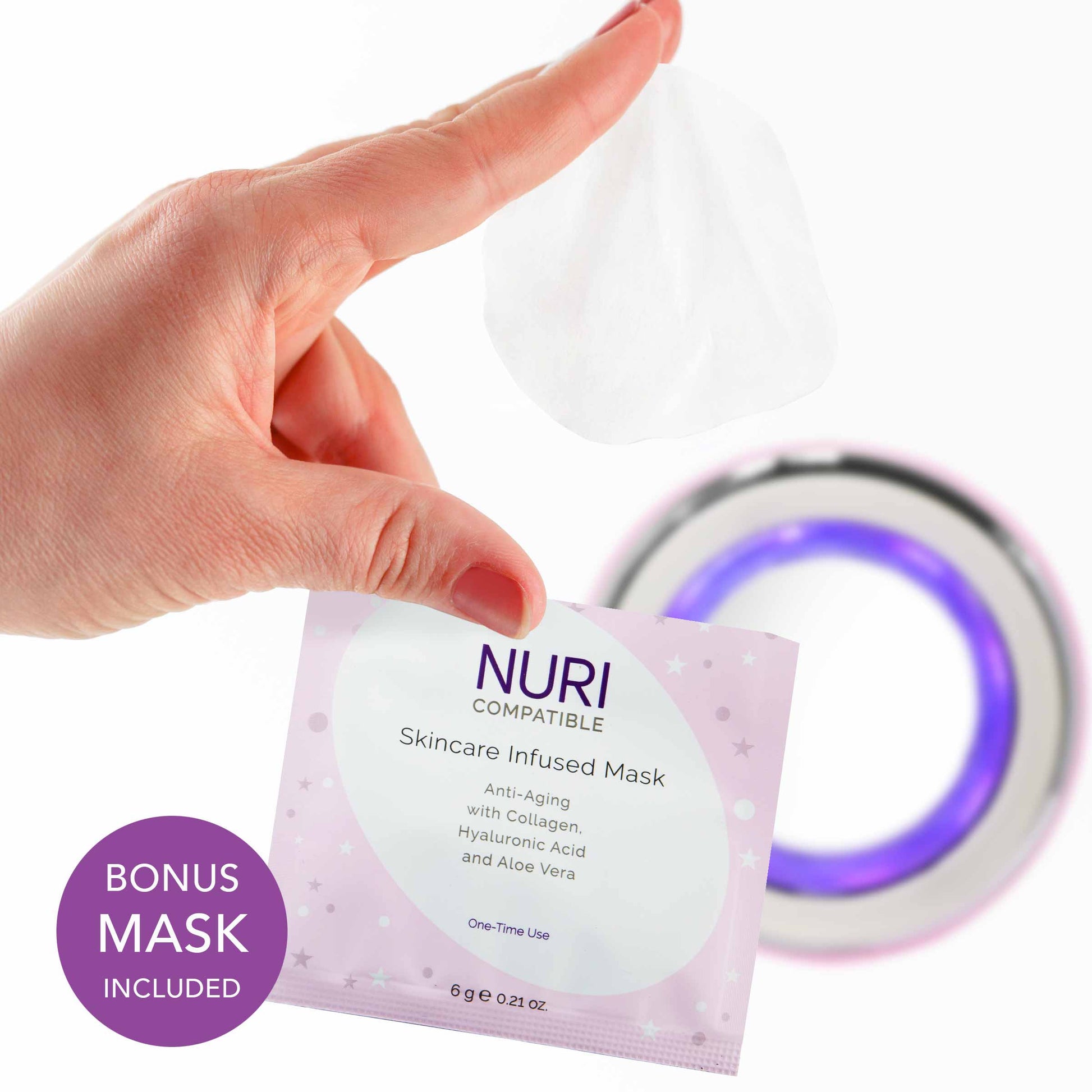 A person holding up a Spa Sciences NURI mask for facial skincare.