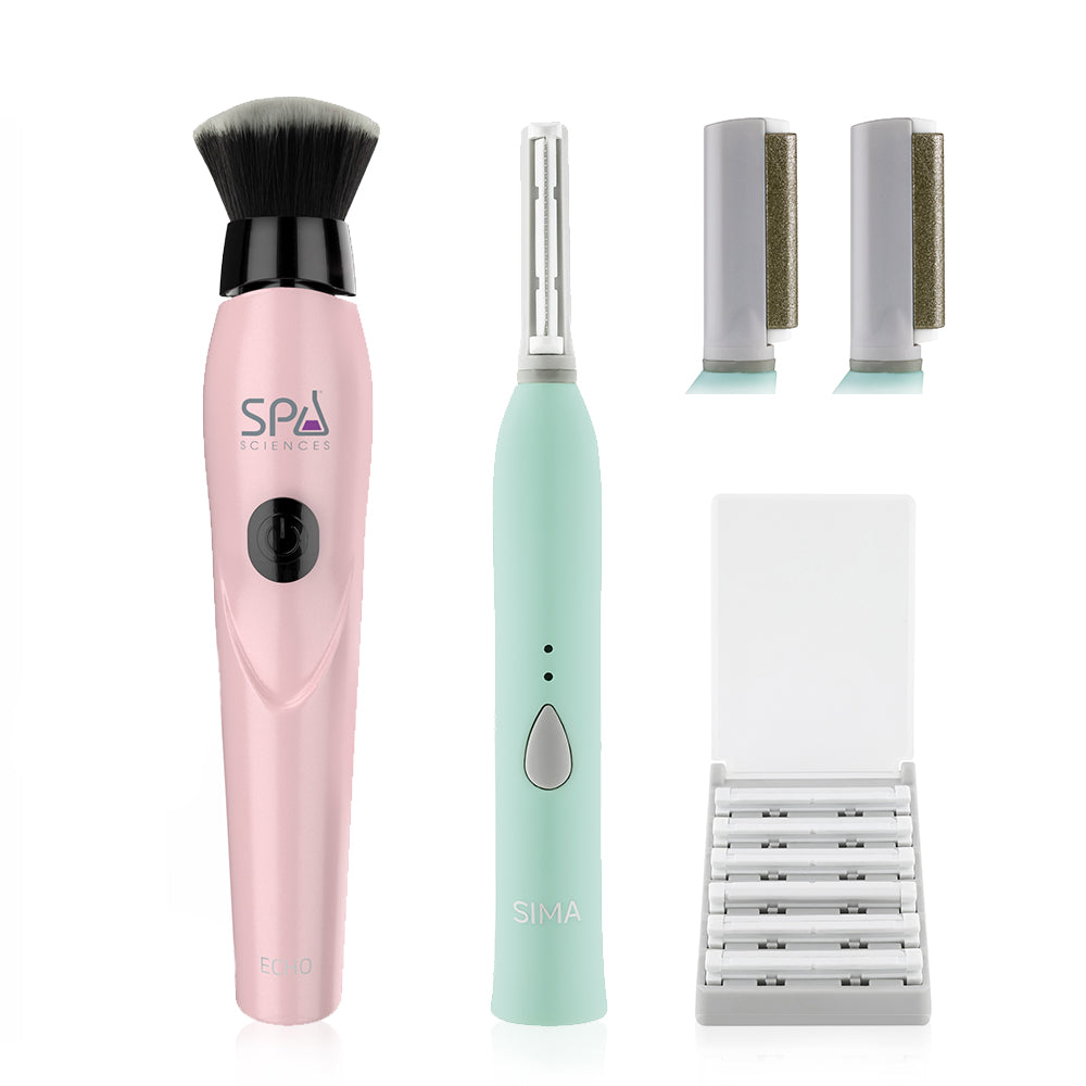 This description includes both the Spa Sciences Perfect Face Set and SIMA Sonic Dermaplaning electric shavers, both of which are pink and white.