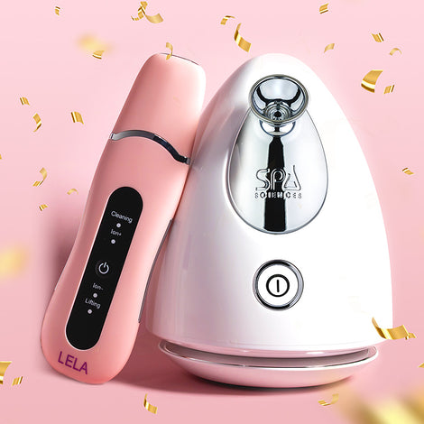 'A pink Perfect Pores Set with confetti on top. This device can be used for facial cleansing and ultrasonic deep cleaning.'