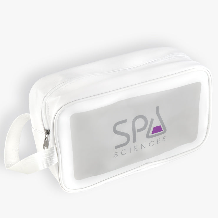 A white Spa Sciences Travel Bag with the Spa Sciences logo on it.