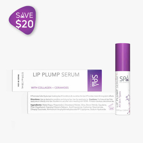 Lip plump serum from the Serums Pack by Spa Sciences with a purple bottle and a white label.